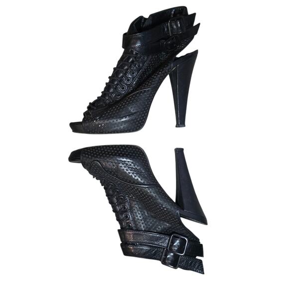 The Kooples Black Leather Peep Toe Cutout Heels Size 38 Lace Up Buckle Booties - Picture 2 of 8